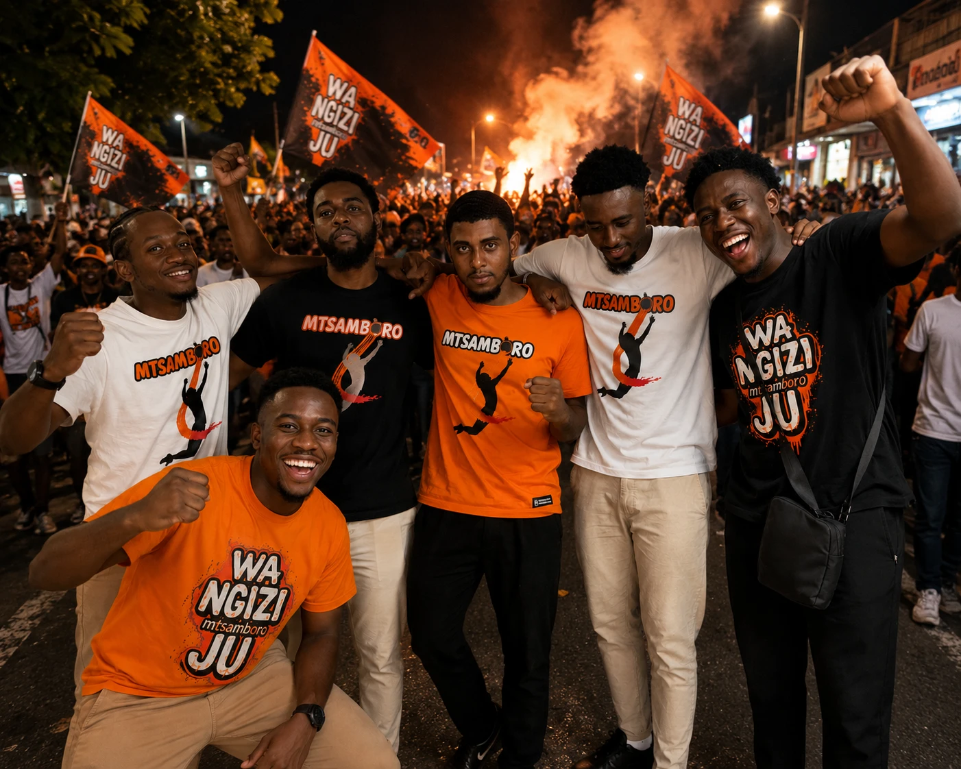 Supporters de Mtsamboro en t-shirts orange et noir, drapeaux Wa Ngizi Ju